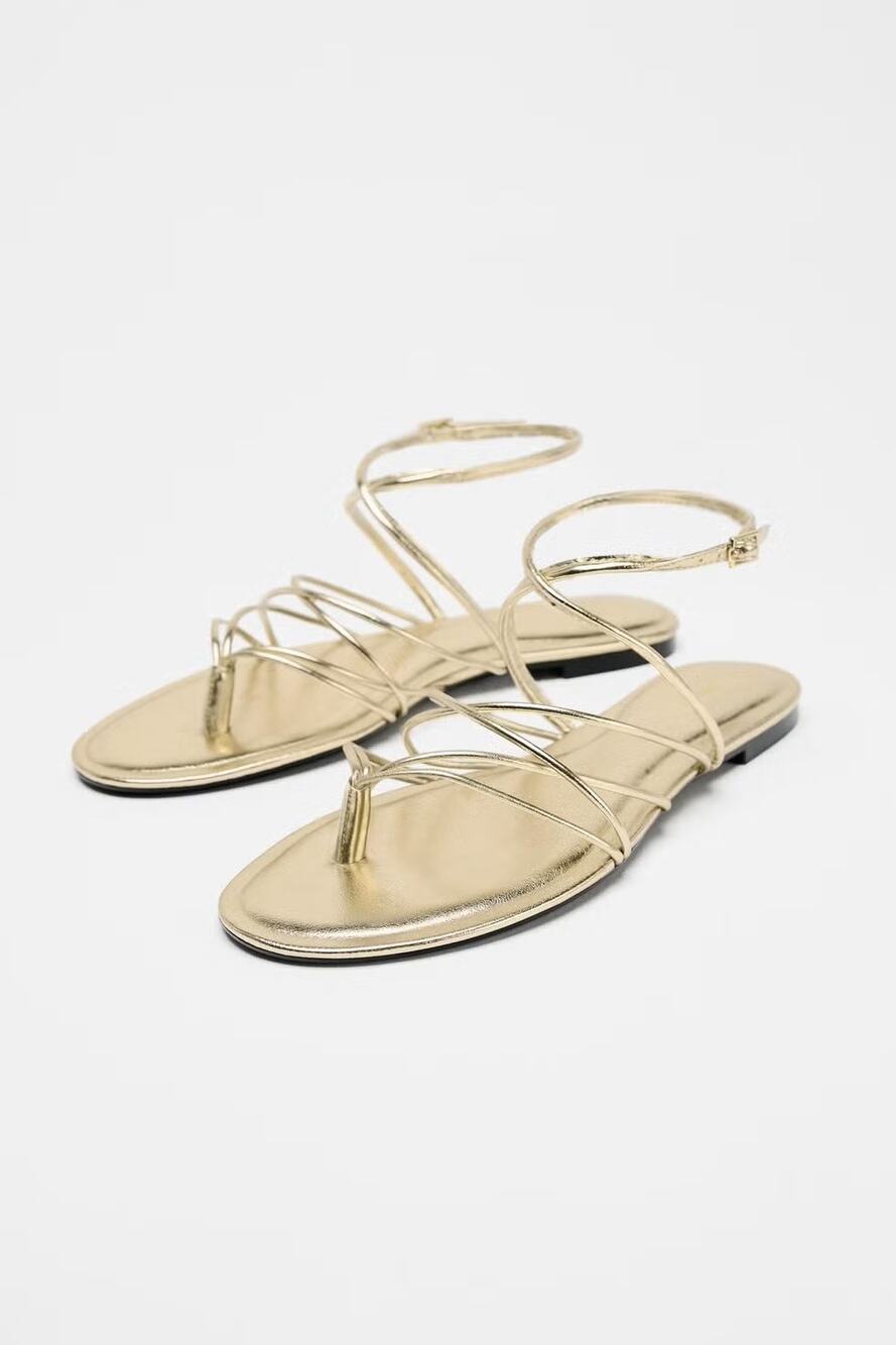 Zara Ankle Tie Strappy Flat Sandals - Metallic Gold - Size 40 US 9